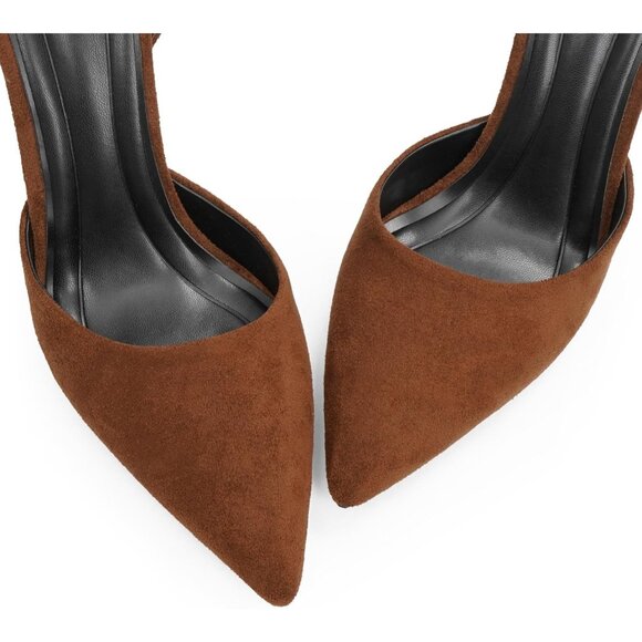 Women Brown Suede Pumps Stiletto Wedding Dress Closed Toe Ankle Strap Heel Shoes - Picture 3 of 7